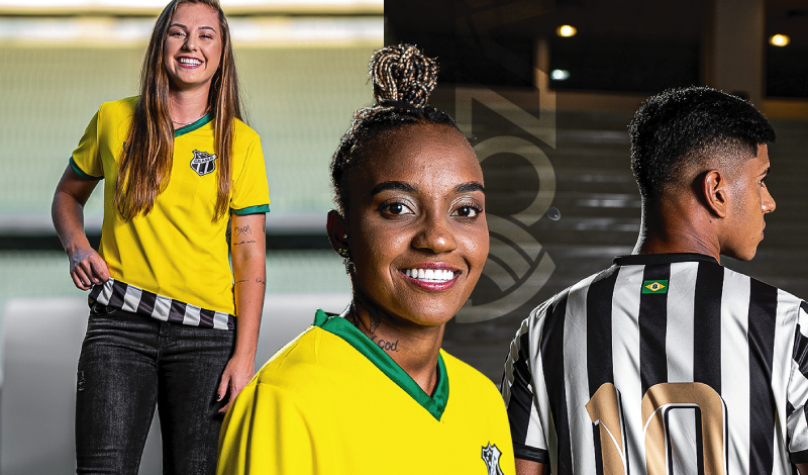 Coleção conta com modelos dupla face, variando entre o verde e amarelo da Seleção e o alvinegro. Foto: Divulgação/Ceará SC.